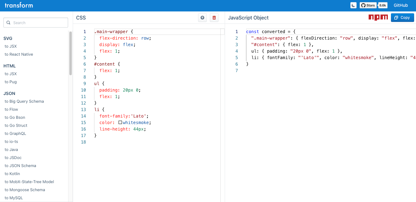 Transform Tools – Convert CSS to JS Objects